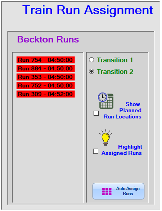 We see (again) a window titled 'Train Run Assignment' with two sub-windows titled 'Beckton Runs' and 'Poplar Runs'. Each has a list of numbered runs with times (which are all highlighted in red), and each has radio buttons for 'Transition 1' and 'Transition 2', and checkboxes for 'Show planned run locations' and 'Highlight assigned runs', Finally, each has a button titled 'Auto-Assign Runs'. Note that, this time, the radio button for 'Transition 2' is selected.