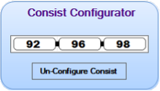 a rounded blue window with the title 'Consist Configurator' showing a white placeholder containing three trains, 92, 96 and 98, with the black coupler bars between each pair.