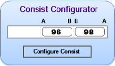 a rounded blue window with the title 'Consist Configurator' showing a white placeholder containing two trains, 96 and 98, with the ends in the sequence ABBA.