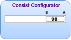 a rounded blue window with the title 'Consist Configurator' showing a white placeholder containing a single train, 98, with the B end to the left and the A end to the right.