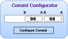 a rounded blue window with the title 'Consist Configurator' showing a white placeholder containing two trains, 96 and 98, with the ends changed to the sequence BABA.