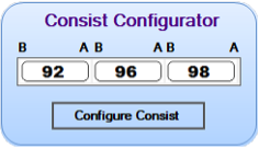 a rounded blue window with the title 'Consist Configurator' showing a white placeholder containing three trains, 92, 96 and 98, with the ends in the sequence BABA.