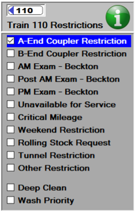 We see the effect of an A end coupler restriction on the restrictions window: the train image at the top has a blue arrow on the A-end, signifying coupling is prohibited.