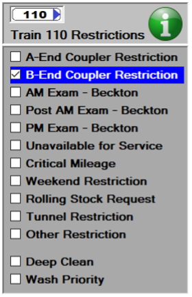 We see the effect of a B end coupler restriction on the restrictions window: the train image at the top has a blue arrow on the B-end, signifying coupling is prohibited.