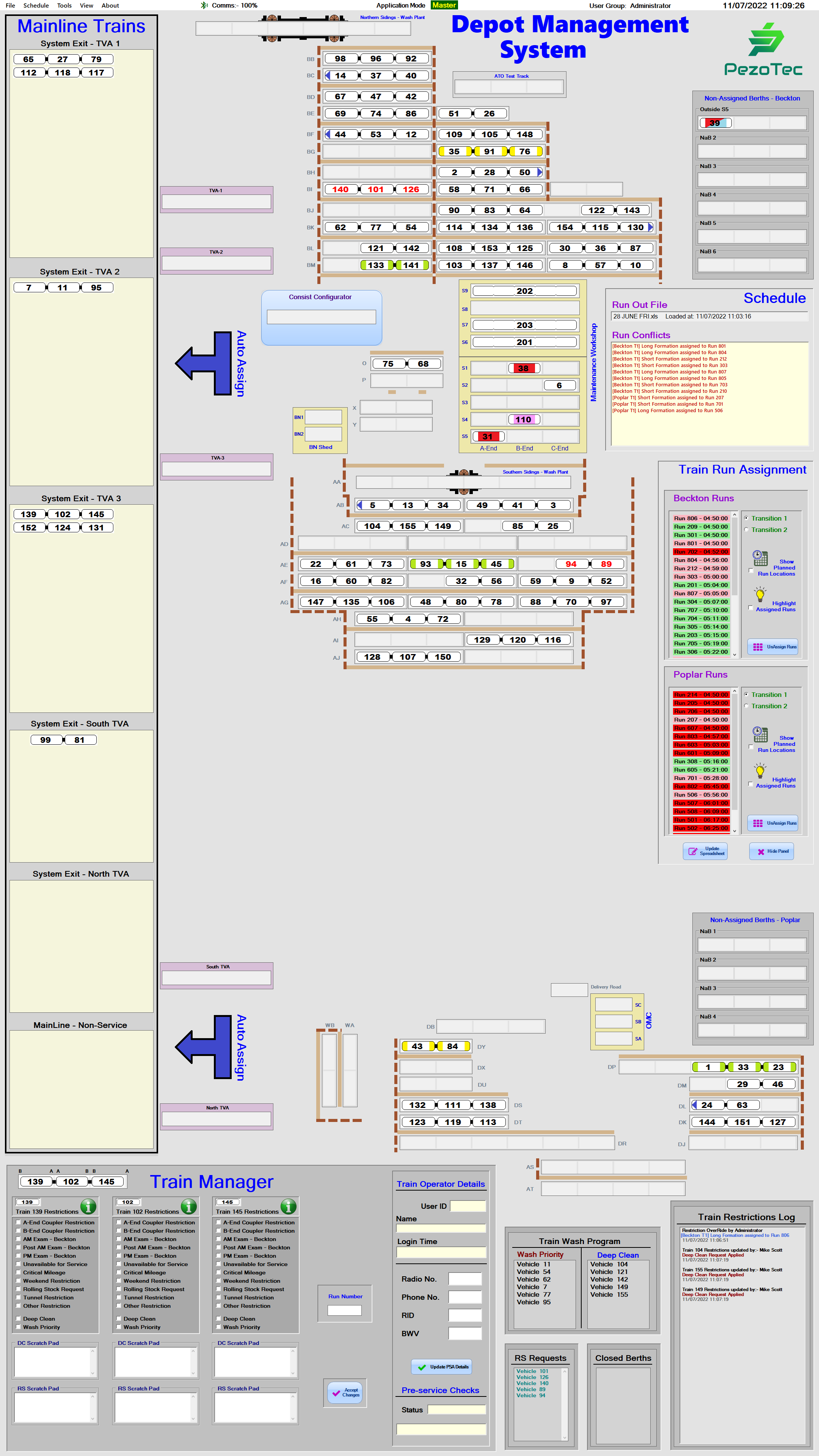Screenshot of DMS user interface. We see a plan of railway lines within a depot with berths for trains to be stabled. There are windows to allow the user to view and control different depot management functions. It looks very comprehensive.