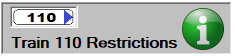 A small screenshot showing the image for Train 110, the label 'Train 110 Restrictions' and a white 'i' in a green graduated circle.