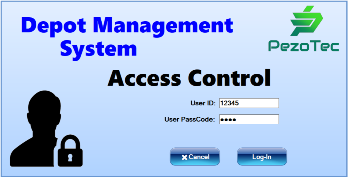 We see a login window with fields for User ID and User PassCode, also buttons for Cancel and Log-In