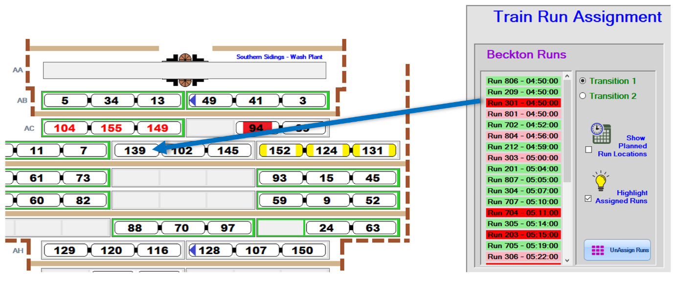 We see a screenshot of the depot berths, with the Train Assignment window alongside it. An arrow indicates that a red item from the Assignments window is being dragged onto a berth.