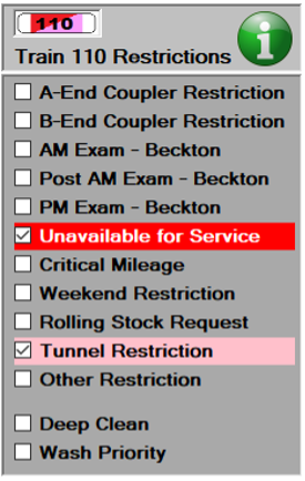 We see the restrictions detail again, this time with both Unavailable for Service and Tunnel Restriction restrictions set. The train image at the top shows both colours split diagonally.