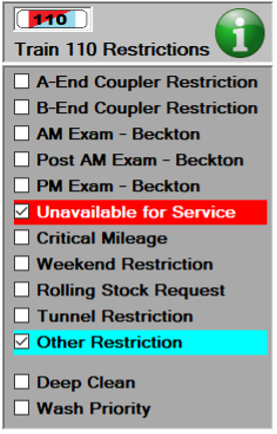 We see the restrictions detail again, this time with both Unavailable for Service and Other Restriction restrictions set. The train image at the top shows both colours split diagonally.