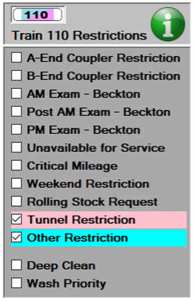 We see the restrictions detail again, this time with both Unavailable for Tunnel and Other Restriction restrictions set. The train image at the top shows both colours split diagonally.