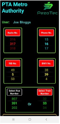 We see a screenshot from a mobile app. The user can add details of Radio No, Phone No, RID, BWV and Service Run No.