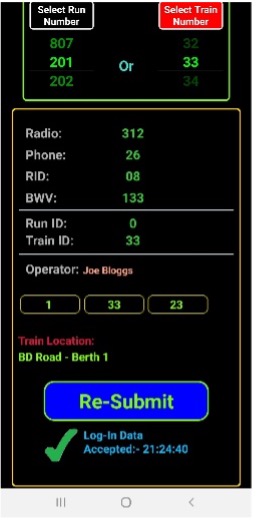 We see a screenshot from a mobile app. The user can view added details of Radio No, Phone No, RID, BWV and Service Run No. The USer sees which trains they will be operating and where they are located. A Re-submit button allows edited fields to be submitted.