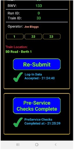 We see a screenshot from a mobile app. The user can tap a button to confirm pre-service checks are completed.