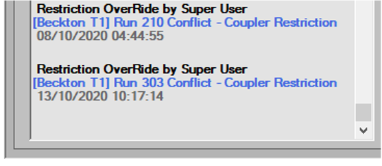 We see a screenshot of part of the Train restrictions Log showing examples of overridden restrictions with authority and a timestamp.