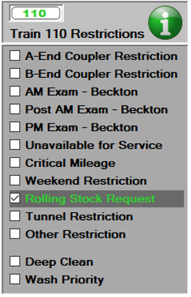 We see the restrictions detail again, this time with a Rolling Stock Request restriction set.