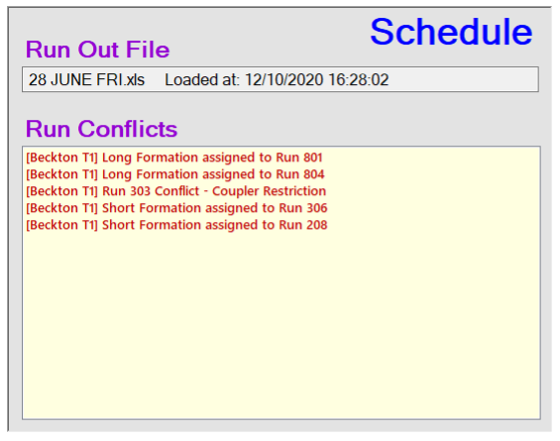 We see a screenshot of a window showing the run out filename, and a list of conflicts (examples: 'Beckton T1 Long Formation assigned to Run 801', 'Beckton T1 Run 301 Conflict - Coupler Restriction')