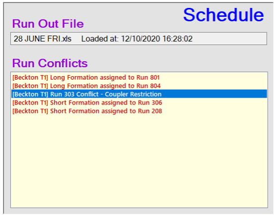 We see a screenshot of a window showing the run out filename, and a list of conflicts (examples: 'Beckton T1 Long Formation assigned to Run 801', 'Beckton T1 Run 301 Conflict - Coupler Restriction'). One of the entries is now highlighted.