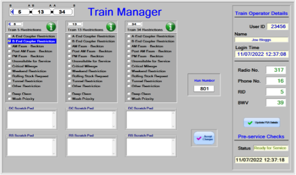 A very complex window. We see a train depicted at the top (5-13-34) with a 'Restrictions' panel for each. The Restrictions panel includes coupler restrictions, examination requiremnts, cleaning requirements and scratch pads for Rolling Stock and the Depot Controller. There is also a Train Operator panel showing details of the Operator.