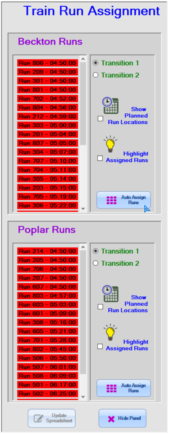 We see a window titled 'Train Run Assignment' with two sub-windows titled 'Beckton Runs' and 'Poplar Runs'. Each has a list of numbered runs with times (which are all highlighted in red), and each has radio buttons for 'Transition 1' and 'Transition 2', and checkboxes for 'Show planned run locations' and 'Highlight assigned runs', Finally, each has a button titled 'Auto-Assign Runs'.