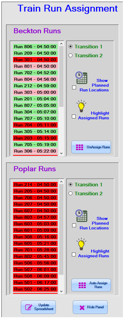 We see the same window titled 'Train Run Assignment' with two sub-windows titled 'Beckton Runs' and 'Poplar Runs'. Each has a list of numbered runs with times (which this time have some highlighted in green and others in pink), and each has radio buttons for 'Transition 1' and 'Transition 2', and checkboxes for 'Show planned run locations' and 'Highlight assigned runs', Finally, each has a button titled 'Auto-Assign Runs'.