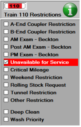 We see the restrictions detail again, this time with an Unavailable for Service restriction set.