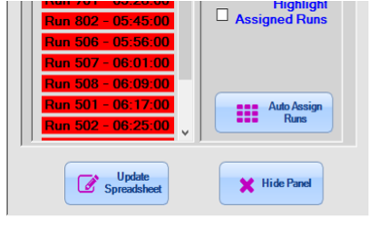 We see a screenshot of the Train Run Assignment window - but now we can see two additional buttons at the foot: 'Update Spreadsheet' and 'Hide Panel'